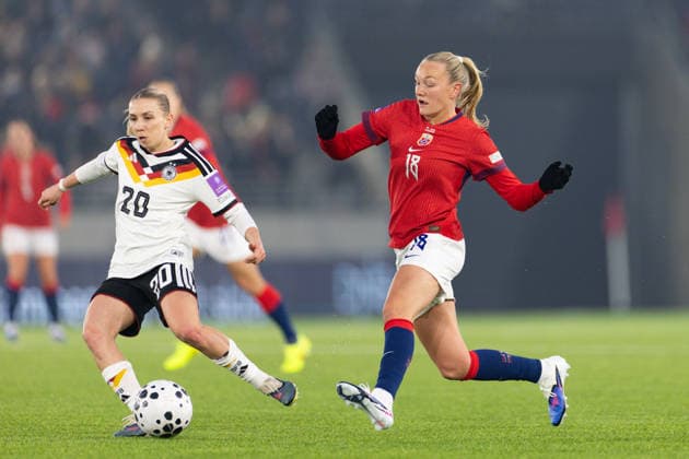 STAVANGER, NORWAY - MARCH 07: Elisa Senb of Germany and Frida Maanum of Norway battle for the ball during the FIFA Womens World Cup 2027 Qualifier match between Norway and Germany at Lyse Arena on March 07, 2026 in Stavanger, Norway. (Photo by Ane Frosaker Sports Press Photo) Copyright: xAnexFrosakerx xSPPx Sportspressphoto_SPR104262