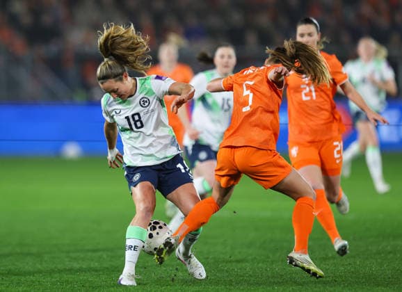 2027 FIFA Women s World Cup Qualifier, Stadion Galgenwaard, Utrecht, Netherlands 7 3 2026 Netherlands vs Republic of Ireland Ireland s Kyra Carusa with Aoife Mannion of Netherlands Kyra Carusa with Aoife Mannion 7 3 2026  Copyright: x INPHO RyanxByrnex RB1_2888