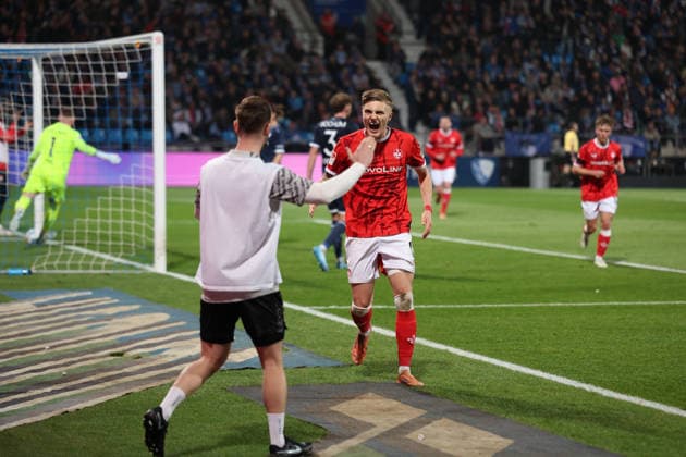 07.03.2026, xrekx, Fussball 2.Bundesliga, VfL Bochum - 1.FC Kaiserslautern v.l. Torjubel nach dem Tor zum celebrating the goal celebrate 1:1 durch Norman Bassette (1.FC Kaiserslautern) (DFL DFB REGULATIONS PROHIBIT ANY USE OF PHOTOGRAPHS as IMAGE SEQUENCES and or QUASI-VIDEO) Bochum
