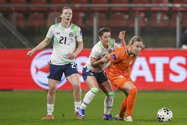 UTRECHT , 07-03-2026 , Stadium Galgenwaard , season 2025 2026 , Women s European Qualifiers , match between The Netherlands and Republic of Ireland , picture shows Ireland player Emily Murphy, Ireland player Marissa Sheva and Netherlands player Lynn Wilms Netherlands - Ireland (women)  x202162564x Copyright: