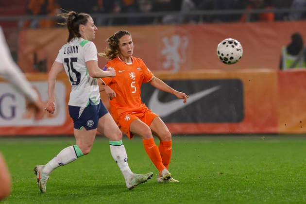 2026-03-07 Netherlands v Ireland - Women s world cup qualifier BERLIN, GERMANY - MARCH 7: Lucy Quinn of Ireland, Marisa Olislagers of The Netherlands during the Women s world cup qualifier match between Netherlands and Ireland at Olympiastadium on March 7, 2026 in Berlin, Germany. Berlin Olympiastadium Germany Content not available for redistribution in The Netherlands directly or indirectly through any third parties. Copyright: xBenxGalx