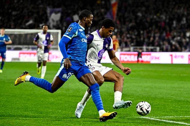FOOTBALL : Toulouse vs OM - 25eme Journee de Ligue1 McDonald S - Toulouse - 07 03 2026 Timothy Weah (om) vs Dayann Methalie (tfc) Toulouse  Copyright: xThierryxBretonx