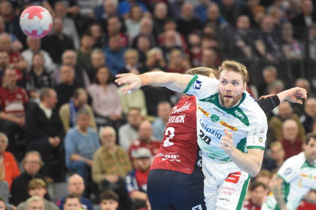 Handball I Herren I Saison 2025-2026 I Bundesliga I 24. Spieltag I SG Flensburg-Handewitt - SC DHfK Leipzig I 07.03.2026 von links Simon Pytlick (2, SG Flensburg-Handewitt), William Bogojevic (20, SC DHfK Leipzig) Copyright: xLobeca JanxKirschnerx