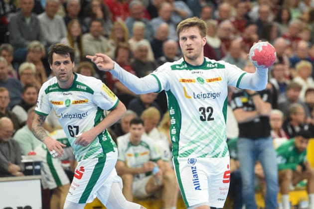 Handball I Herren I Saison 2025-2026 I Bundesliga I 24. Spieltag I SG Flensburg-Handewitt - SC DHfK Leipzig I 07.03.2026 von links Dean Bombac (67, SC DHfK Leipzig), Franz Semper (32, SC DHfK Leipzig) Copyright: xLobeca JanxKirschnerx