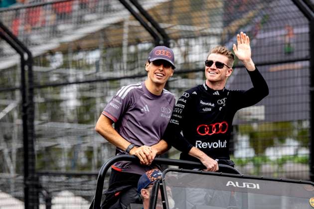 MELBOURNE - Formula 1 driver Gabriel Bortoleto of Audi Revolut F1 Team, Formula 1 driver Nico Hulkenberg of Audi Revolut F1 Team during the Formula 1 Melbourne race at Albert Park on March 8, 2025 in Melbourne, Australia. (Photo by DeFodi Images) -