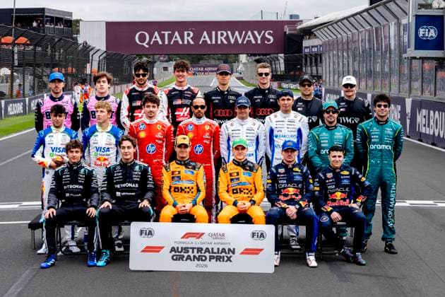 MELBOURNE - Formula 1 driver Lando Norris of McLaren Mastercard Formula 1 Team, Formula 1 driver Oscar Piastri of McLaren Mastercard Formula 1 Team, Formula 1 driver George Russell of Mercedes AMG-Petronas Formula One Team, Formula 1 driver Kimi Antonelli of Mercedes AMG-Petronas Formula One Team, Formula 1 driver Max Verstappen of Oracle Red Bull Racing, Formula 1 driver Isack Hadjar of Oracle Red Bull Racing, Formula 1 driver Charles Leclerc of Scuderia Ferrari HP, Formula 1 driver Lewis Hamilton of Scuderia Ferrari HP, Formula 1 driver Alexander Albon of Atlassian Williams F1 Team, Formula 1 driver Carlos Sainz of Atlassian Williams F1 Team, Formula 1 driver Liam Lawson of Visa Cash App Racing Bulls Formula One Team, Formula 1 driver Arvid Lindblad of Visa Cash App Racing Bulls Formula One Team, Formula 1 driver Lance Stroll of Aston Martin Aramco Formula 1 Team, Formula 1 driver Fernando Albon ... Fernando Albon of Aston Martin Aramco Formula 1 Team, Formula 1 driver Fernando Albon of Aston Martin Aramco Formula 1 Team, Formula 1 driver Fernando Albon of Aston Martin Aramco Formula 1 Team, Formula 1 driver Fernando Al Alonso of Aston Martin Aramco Formula 1 Team, Formula 1 driver Esteban Ocon of TGR Haas F1 Team, Formula 1 driver Oliver Bearman of TGR Haas F1 Team, Formula 1 driver Nico Hulkenberg of Audi Revolut F1 Team, Formula 1 driver Gabriel Bortoleto of Audi Revolut F1 Team, Formula 1 driver Pierre Gasly of BWT Alpine F1 Team, Formula 1 driver Franco Colapinto of BWT Alpine F1 Team, Formula 1 driver Valtteri Bottas of Cadillac Formula 1 Team, Formula 1 driver Sergio P�rez of Cadillac Formula 1 Team during the Formula 1 Melbourne race at Albert Park on March 8, 2025 in Melbourne, Australia. (Photo by DeFodi Images) -
