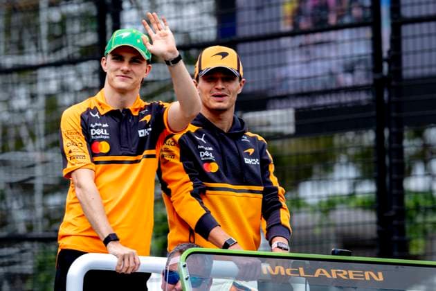 MELBOURNE - Formula 1 driver Oscar Piastri of McLaren Mastercard Formula 1 Team, Formula 1 driver Lando Norris of McLaren Mastercard Formula 1 Team during the Formula 1 Melbourne race at Albert Park on March 8, 2025 in Melbourne, Australia. (Photo by DeFodi Images) -