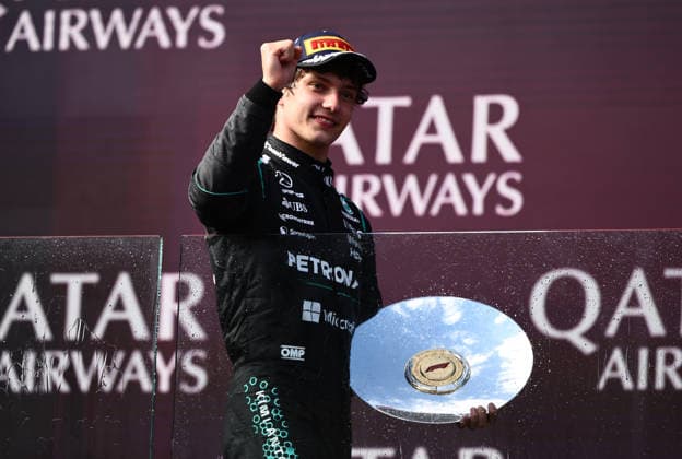 2026 AUSTRALIAN F1 GRAND PRIX, Mercedes driver Andrea Kimi Antonelli reacts at the podium after placing 2nd behind fellow Mercedes driver George Russell during the 2026 Australian Grand Prix at Albert Park Circuit in Melbourne, Sunday, March 8, 2026. ( NO ARCHIVING, EDITORIAL USE ONLY MELBOURNE VICTORIA AUSTRALIA  Copyright: xJOELxCARRETTx 20260308185244943512
