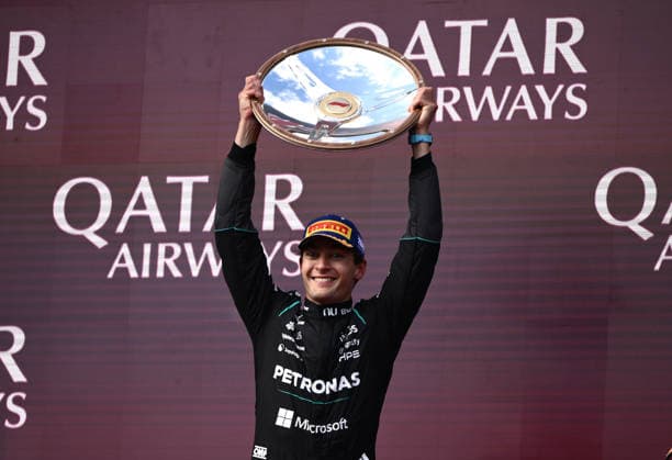 2026 AUSTRALIAN F1 GRAND PRIX, Mercedes driver George Russell celebrates on the podium after winning the 2026 Australian Grand Prix at Albert Park Circuit in Melbourne, Sunday, March 8, 2026. ( NO ARCHIVING, EDITORIAL USE ONLY MELBOURNE VICTORIA AUSTRALIA  Copyright: xJOELxCARRETTx 20260308164338765486