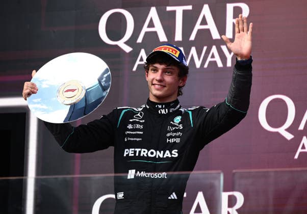 2026 AUSTRALIAN F1 GRAND PRIX, Mercedes driver Andrea Kimi Antonelli reacts at the podium after placing 2nd behind fellow Mercedes driver George Russell during the 2026 Australian Grand Prix at Albert Park Circuit in Melbourne, Sunday, March 8, 2026. ( NO ARCHIVING, EDITORIAL USE ONLY MELBOURNE VICTORIA AUSTRALIA  Copyright: xJOELxCARRETTx 20260308112994562498