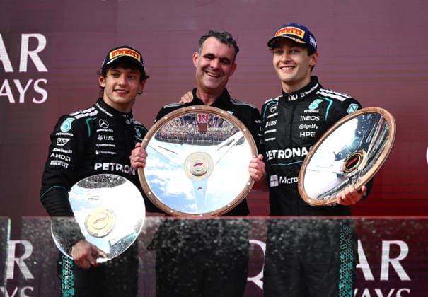2026 AUSTRALIAN F1 GRAND PRIX, Mercedes drivers Andrea Kimi Antonelli () and George Russell (r) pose on the podium after placing 2nd behind fellow Mercedes driver George Russell during the 2026 Australian Grand Prix at Albert Park Circuit in Melbourne, Sunday, March 8, 2026. ( NO ARCHIVING, EDITORIAL USE ONLY MELBOURNE VICTORIA AUSTRALIA  Copyright: xJOELxCARRETTx 20260308187003711929
