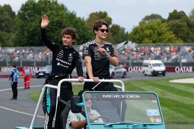 8th March 2026: Melbourne Grand Prix Circuit, Melbourne, Victoria, Australia: Formula One Australian Grand Prix, Race Day; Kimi Antonelli of Italy and George Russell of the United Kingdom and the Mercedes AMG F1 racing team travel on the back of a Mini Moke during the drivers parade  DavidxWoodley Content restricted for UK based newspaper