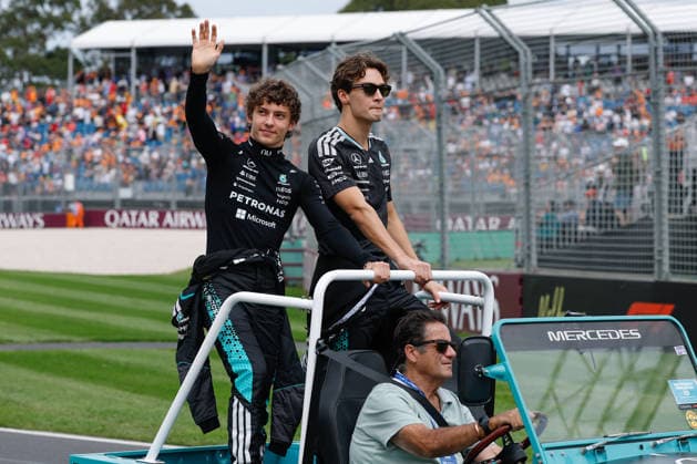 8th March 2026: Melbourne Grand Prix Circuit, Melbourne, Victoria, Australia: Formula One Australian Grand Prix, Race Day; Kimi Antonelli of Italy and George Russell of the United Kingdom and the Mercedes AMG F1 racing team travel on the back of a Mini Moke during the drivers parade  DavidxWoodley Content restricted for UK based newspaper