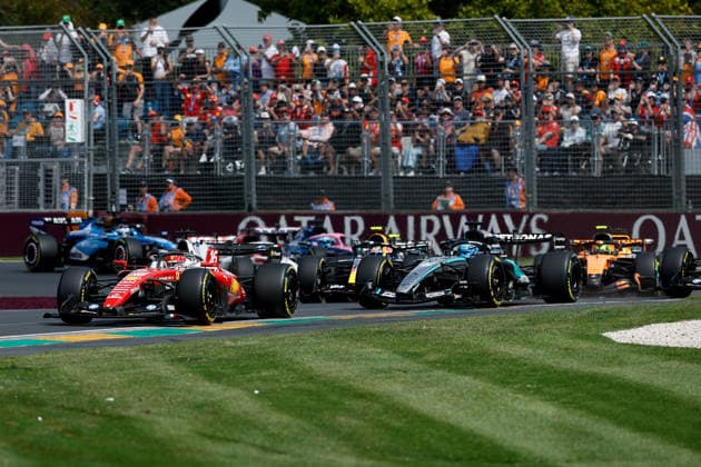 8th March 2026: Melbourne Grand Prix Circuit, Melbourne, Victoria, Australia: Formula One Australian Grand Prix, Race Day; Charles Leclerc of Monaco driving the 16 Scuderia Ferrari SF 26 Ferrari leads the field into turn 1 from George Russell of the United Kingdom driving the 63 Mercedes AMG F! W17 Mercedes AMG  DavidxWoodley Content restricted for UK based newspaper