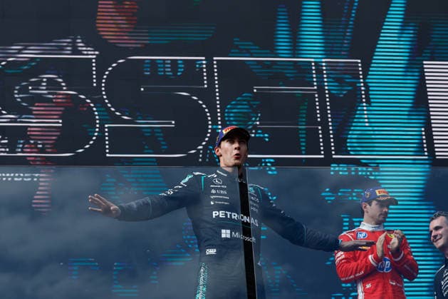 8th March 2026: Melbourne Grand Prix Circuit, Melbourne, Victoria, Australia: Formula One Australian Grand Prix, Race Day; George Russell of the United Kingdom driving the 63 Mercedes AMG F! W17 Mercedes AMG celebrates winning the Australian Grand prix  DavidxWoodley Content restricted for UK based newspaper