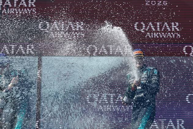 8th March 2026: Melbourne Grand Prix Circuit, Melbourne, Victoria, Australia: Formula One Australian Grand Prix, Race Day; George Russell of the United Kingdom driving the 63 Mercedes AMG F! W17 Mercedes AMG celebrates with champagne after winning the race  DavidxWoodley Content restricted for UK based newspaper