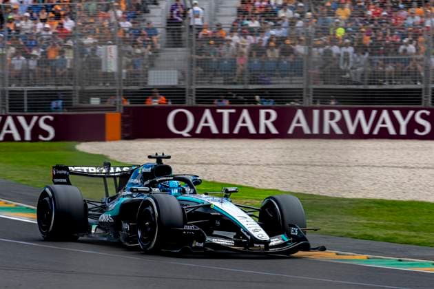 MELBOURNE - Formula 1 driver George Russell of Mercedes AMG-Petronas Formula One Team during the Formula 1 Melbourne race at Albert Park on March 8, 2025 in Melbourne, Australia. (Photo by DeFodi Images) -