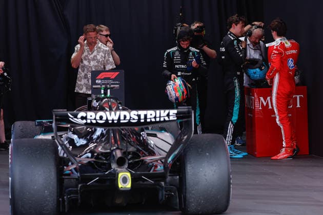8th March 2026: Melbourne Grand Prix Circuit, Melbourne, Victoria, Australia: Formula One Australian Grand Prix, Race Day; George Russell of the United Kingdom driving the 63 Mercedes AMG F! W17 Mercedes AMG talks with Charles Leclerc of Monaco driving the 16 Scuderia Ferrari SF 26 Ferrari after winning the race  DavidxWoodley Content restricted for UK based newspaper