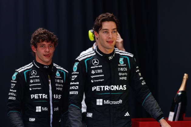 8th March 2026: Melbourne Grand Prix Circuit, Melbourne, Victoria, Australia: Formula One Australian Grand Prix, Race Day; George Russell of the United Kingdom driving the 63 Mercedes AMG F! W17 Mercedes AMG and Kimi Antonelli of Italy driving the 12 Mercedes AMG Petronas F1 W17 Mercedes AMG walk out of the garage after finishing first and second in the race  DavidxWoodley Content restricted for UK based newspaper