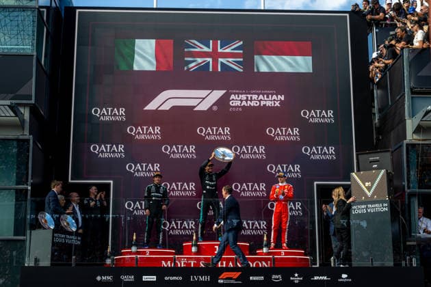 MELBOURNE, AUSTRALIA: George Russell, racing for the Mercedes team during the 2026 Formula 1 Australian Grand Prix at the Albert Park Circuit in Melbourne, Australia