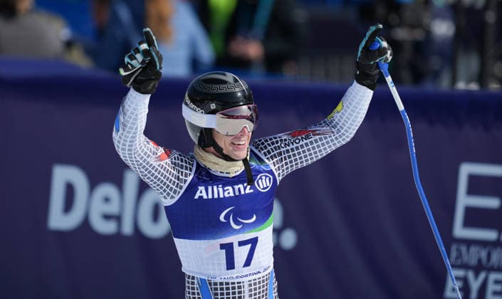 (260308) -- CORTINA D AMPEZZO, March 8, 2026 -- Roger Puig Davi of Andorra reacts during the para alpine skiing men s downhill standing match at the Milan-Cortina 2026 Paralympic Winter games, Winterspiele,Spiele, Summer games in Cortina D ampezzo, Italy, March 7, 2026. ) (SP)ITALY-CORTINA D AMPEZZO-PARALYMPIC WINTER GAMES-PARA ALPINE SKIING-MEN S DOWNHILL-STANDING WangxKaiyan 
