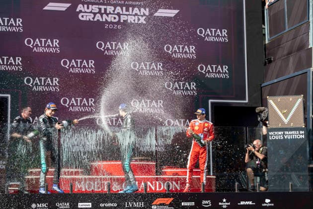 Podium Formula One Australian Grand Prix Melbourne EB RUSSELL George (gbr), Mercedes AMG F1 Team W17, KIMI ANTONELLI Andrea (ita), Mercedes AMG F1 Team W16, LECLERC Charles (mco), Scuderia Ferrari SF-26 on the podium of the Formula One Australian Grand Prix at Albert Park in Melbourne on March 8, 2026. Photo by Eliot Blondet ABACAPRESS.COM Melbourne Australia Australia  Copyright: xBlondetxEliot ABACAx