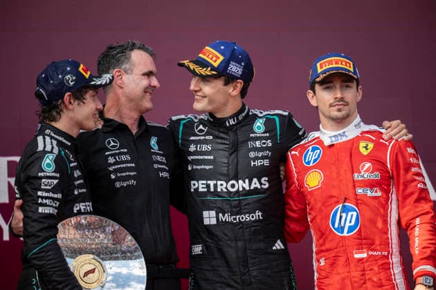 Podium Formula One Australian Grand Prix Melbourne EB RUSSELL George (gbr), Mercedes AMG F1 Team W17, KIMI ANTONELLI Andrea (ita), Mercedes AMG F1 Team W16, LECLERC Charles (mco), Scuderia Ferrari SF-26 on the podium of the Formula One Australian Grand Prix at Albert Park in Melbourne on March 8, 2026. Photo by Eliot Blondet ABACAPRESS.COM Melbourne Australia Australia  Copyright: xBlondetxEliot ABACAx