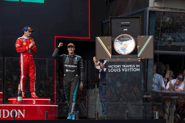 Podium Formula One Australian Grand Prix Melbourne EB RUSSELL George (gbr) and LECLERC Charles (mco), Scuderia Ferrari SF-26 with the Louis Vuitton Trophy case on the podium of the Formula One Australian Grand Prix at Albert Park in Melbourne on March 8, 2026. Photo by Eliot Blondet ABACAPRESS.COM Melbourne Australia Australia  Copyright: xBlondetxEliot ABACAx