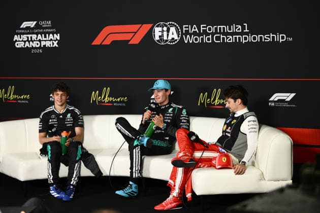 2026 AUSTRALIAN F1 GRAND PRIX, (L-R) Kimi Antonelli of Mercedes, George Russell of Mercedes and Fernando Alonso of Aston Martin during the drivers press conference, PK, Pressekonferenz following the 2026 Australian Grand Prix at Albert Park Circuit in Melbourne, Sunday, March 8, 2026. ( NO ARCHIVING, EDITORIAL USE ONLY MELBOURNE VICTORIA AUSTRALIA  Copyright: xJOELxCARRETTx 20260308145009328500