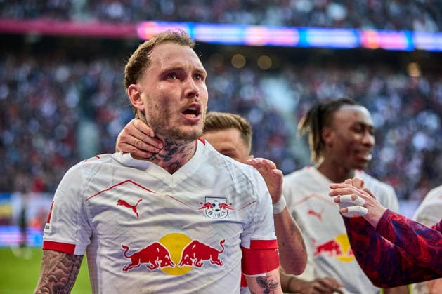 07.03.2026, Fußball, Männer, Bundesliga, 2025 2026, RB Leipzig - FC Augsburg David Raum (22, RB Leipzig), Portrait, beim Jubel nach spätem 2:1 Leipzig Red Bull Arena Sachsen Deutschland