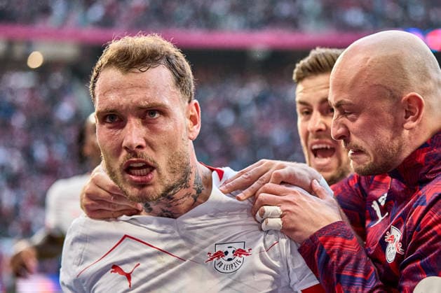 07.03.2026, Fußball, Männer, Bundesliga, 2025 2026, RB Leipzig - FC Augsburg David Raum (22, RB Leipzig), Portrait, beim Jubel nach spätem 2:1 Leipzig Red Bull Arena Sachsen Deutschland