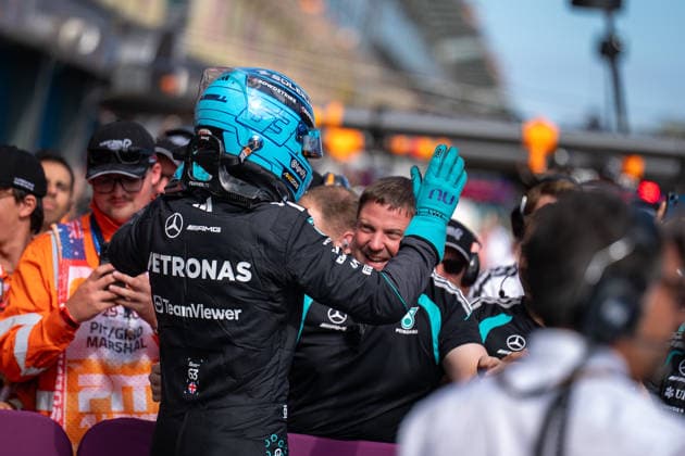 March 8, 2026, Melbourne, Victoria, Australia: GEORGE RUSSELL - (GBR) - Mercedes-AMG PETRONAS Formula One Team celebrates with his team after winning the first race of the 2026 season on Sunday at the Formula 1 Qatar Airways Australian Grand Prix 2026. Melbourne Australia - ZUMAf186 20260308_zsp_f186_061 Copyright: xJamesxForresterx