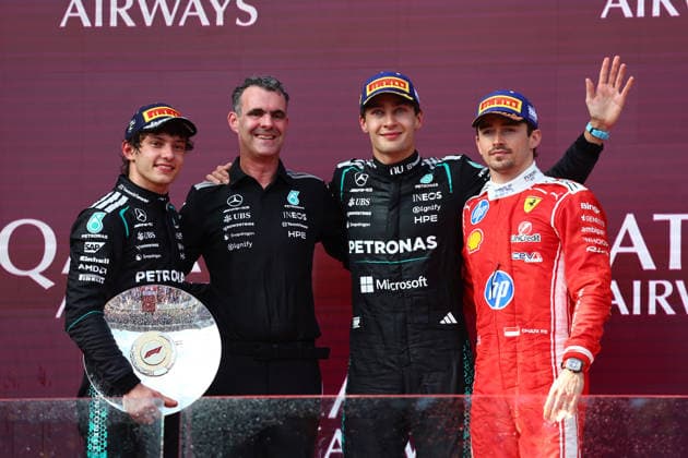 FORMULA 1 QATAR AIRWAYS AUSTRALIAN GRAND PRIX 2026 08.03.2026, Albert Park Circuit, Melbourne, FORMULA 1 QATAR AIRWAYS AUSTRALIAN GRAND PRIX 2026 ,im Bild Sieger George Russell (GBR), Mercedes-AMG Petronas Formula One Team, 2.Platz für Andrea Kimi Antonelli (ITA), 3.Platz für Charles Leclerc (MCO), Scuderia Ferrari HP