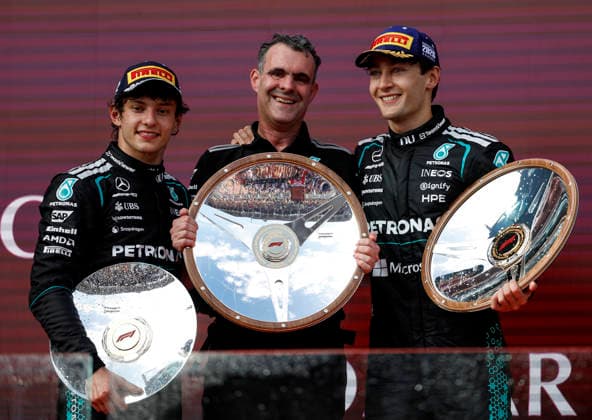 (260308) -- MELBOURNE, March 8, 2026 -- Mercedes Andrea Kimi Antonelli of Italy, Hywel Thomas, managing director of Mercedes AMG High Performance Powertrains and George Russell of Britain (L to R) pose for photo at the podium after the Formula One Australia Grand Prix at Albert Park in Melbourne, Australia, March 8, 2026. ) (SP)AUSTRALIA-MELBOURNE-F1-GRAND PRIX 2026 MaxPing 