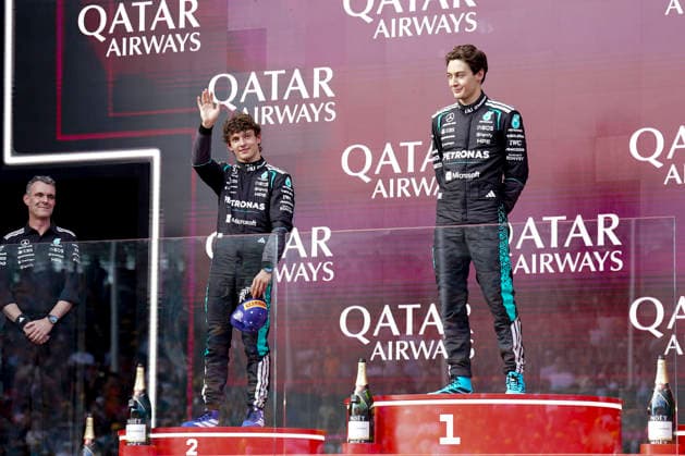 FORMULA ONE AUSTRALIAN GRAND PRIX 2026 George Russell 63 (GBR) Mercedes, Kimi Antonelli 12 (ITA) Mercedes on the podium during the Formula 1 Qatar Airways Australian Grand Prix 2026, 1st round of the 2026 Formula One World Championship, WM, Weltmeisterschaft from March 6 to 8, 2026 at the Albert Park Circuit, Melbourne, Australia. Credit: Robbie Hoad Every Second Media Editorial use only. All images are copyright Every Second Media Limited. No images may be reproduced without prior permission. Copyright: xIMAGO EveryxSecondxMediax ESM-1841-0487 RobbiexHoadx xEveryxSecondxMediax