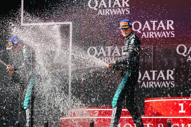 F1 Australian Grand Prix - Podium GEORGE RUSSELL (GBR) of Mercedes-AMG PETRONAS Formula One Team 63 ANDREA KIMI ANTONELLI (ITA) of Mercedes-AMG PETRONAS Formula One Team 12 on the podium on Sunday during the 2026 Formula 1 Qatar Airways Australian Grand Prix at the Albert Park Circuit, Melbourne, Australia on March 8, 2026. Photo by Antoine Lapeyre ABACAPRESS.COM Melbourne Australia  Copyright: xLapeyrexAntoine ABACAx