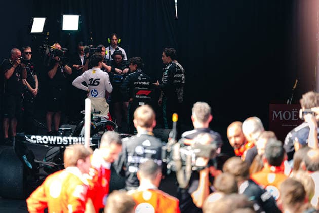 F1 Australian Grand Prix - Podium GEORGE RUSSELL (GBR) of Mercedes-AMG PETRONAS Formula One Team 63 ANDREA KIMI ANTONELLI (ITA) of Mercedes-AMG PETRONAS Formula One Team 12 and CHARLES LECLERC (MON) of Scuderia Ferrari HP 16 under the podium on Sunday during the 2026 Formula 1 Qatar Airways Australian Grand Prix at the Albert Park Circuit, Melbourne, Australia on March 8, 2026. Photo by Antoine Lapeyre ABACAPRESS.COM Melbourne Australia  Copyright: xLapeyrexAntoine ABACAx