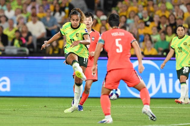 SOCCER ASIAN CUP AUSTRALIA SOUTH KOREA, Mary Fowler of Australia takes a shot at goal during the AFC Women™s Asian Cup Group A match between Australia and South Korea at Accor Stadium in Sydney, Sunday, March 8, 2026. ( NO ARCHIVING, EDITORIAL USE ONLY SYDNEY NEW SOUTH WALES AUSTRALIA  Copyright: xDEANxLEWINSx 20260308196841676100