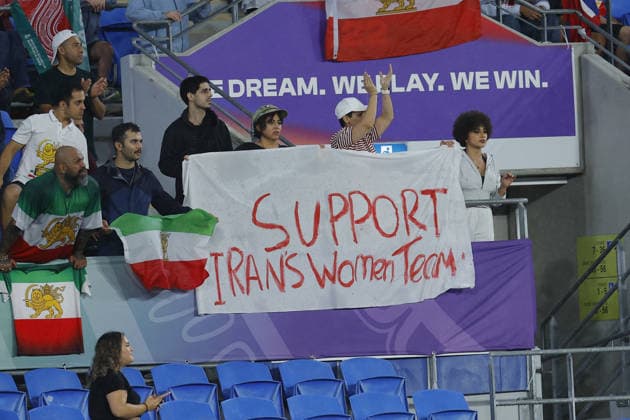 GOLD COAST, AUSTRALIA - MARCH 08 Supporters of Iran are seen holding signs of support for Iran women team during the Womens Asian Cup match between Islamic Republic of Iran and Philippines at the Gold Coast Stadium on March 08 2026 in Gold Coast, Australia Copyright: xMatthewxStarlingx xSPPx Sportspressphoto_SPR104846