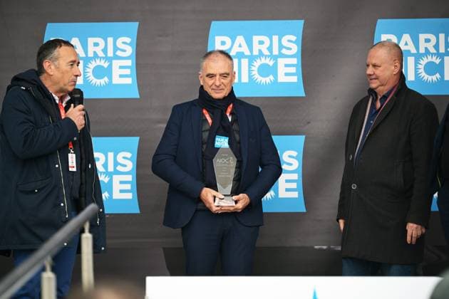 Thierry Gouvenou, Jean-Francois Le Marchand and Flanders Classics Wim Van Herreweghe pictured at the start of the first stage of 84th edition of the Paris-Nice cycling race, 170,9 km from Archeres to Carrieres-sous-Poissy, Sunday 08 March 2026. DAVIDxPINTENS  x166837172x