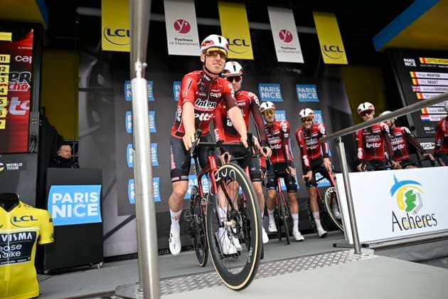Paris Nice 2026 Stage 1 CARRIERES-SOUS-POISSY, FRANCE - MARCH 08 : Menten Milan (BEL) of Lotto - Intermarche during stage 1 of the 84th edition of Paris - Nice an UCI World Tour 2.UWT cycling road race stage for Men Elite of 171.2 km with start in Acheres and finish in Carrieres-sous-Poissy on March 8, 2026 in Carrieres-sous-Poissy, France, 08 03 2026 ( Motordriver Guy De Vuyst - Carrieres-sous-Poissy France  Copyright: xNicoxVereeckenx