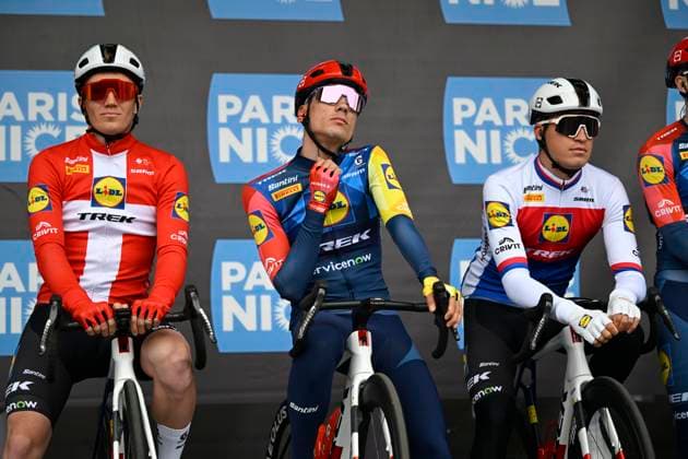 Paris Nice 2026 Stage 1 CARRIERES-SOUS-POISSY, FRANCE - MARCH 08 : Kragh Andersen Soren (DEN) of Lidl - Trek, Ayuso Juan (ESP) of Lidl - Trek, Vacek Mathias (CZE) of Lidl - Trek during stage 1 of the 84th edition of Paris - Nice an UCI World Tour 2.UWT cycling road race stage for Men Elite of 171.2 km with start in Acheres and finish in Carrieres-sous-Poissy on March 8, 2026 in Carrieres-sous-Poissy, France, 08 03 2026 ( Motordriver Guy De Vuyst - Carrieres-sous-Poissy France  Copyright: xNicoxVereeckenx