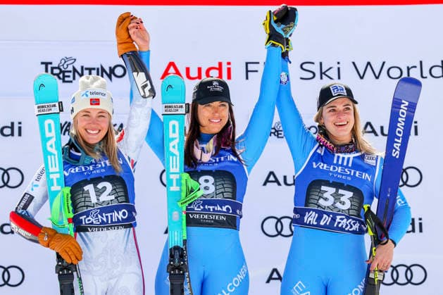 ALPINE SKIING - FIS WC Val di Fassa VAL DI FASSA,ITALY,08.MAR.26 - ALPINE SKIING - FIS World Cup, Super G, ladies. Image shows the rejoicing of Kajsa Vickhoff Lie (NOR), Elena Curtoni (ITA) and Asja Zenere (ITA) .  GEPAxpictures xThomasxBachun
