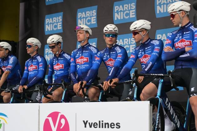 Alpecin-Premier Tech riders pictured at the start of the first stage of 84th edition of the Paris-Nice cycling race, 170,9 km from Archeres to Carrieres-sous-Poissy, Sunday 08 March 2026. DAVIDxPINTENS  x166843019x