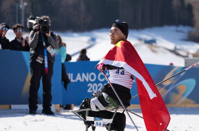 (260308) -- TESERO, March 8, 2026 -- Liu Zixu of China celebrates after the men s individual sitting final of para biathon at the Milan-Cortina 2026 Paralympic Winter games, Winterspiele,Spiele, Summer games in Tesero, Italy, March 8, 2026. ) (SP)ITALY-TESERO-PARALYMPIC WINTER GAMES-PARA BIATHLON-MEN S INDIVIDUAL SITTING LianxZhen 