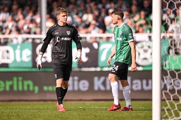 08.03.2026, Fussball, 2. Bundesliga, 25. Spieltag Saison 2025 2026, Preußen Münster - Hertha BSC, Johannes Schenk (Preußen Münster), Niko Koulis (Preußen Münster) xRHR-FOTO TKx