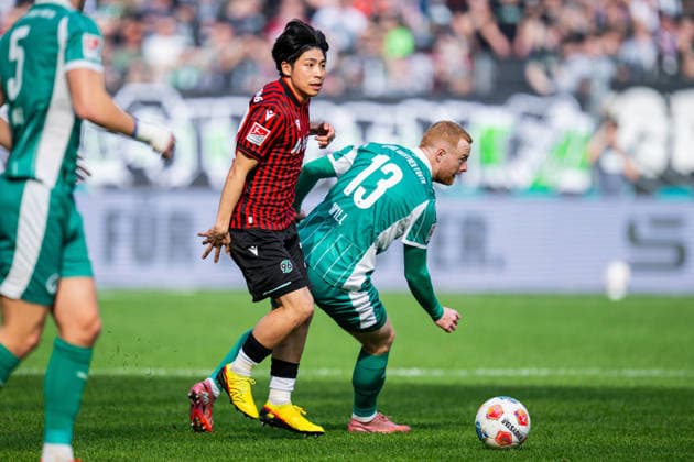 08.03.2026 - Fußball, 2025 2026, 2. Bundesliga, 25. Spieltag, Hannover 96 - SpVgg Greuther Fürth: (L-R) Daisuke Yokota (Hannover), Paul Will (Fürth) DFL REGULATIONS PROHIBIT ANY USE OF PHOTOGRAPHS AS IMAGE SEQUENCES AND OR QUASI-VIDEO.