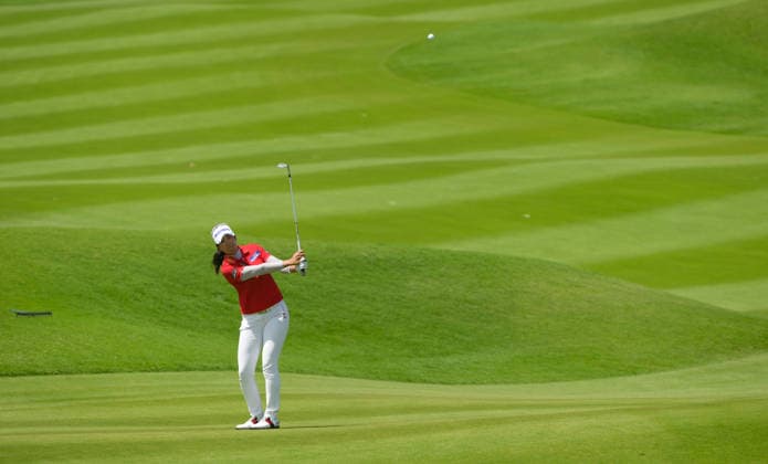 (260308) -- LINGSHUI, March 8, 2026 -- Kim A Lim of South Korea plays a shot during the fourth round of the Blue Bay LPGA, Golf Damen golf tournament in Lingshui, south China s Hainan Province, March 8, 2026. ) (SP)CHINA-HAINAN-LINGSHUI-GOLF-BLUE BAY LPGA (CN) YangxGuanyu 