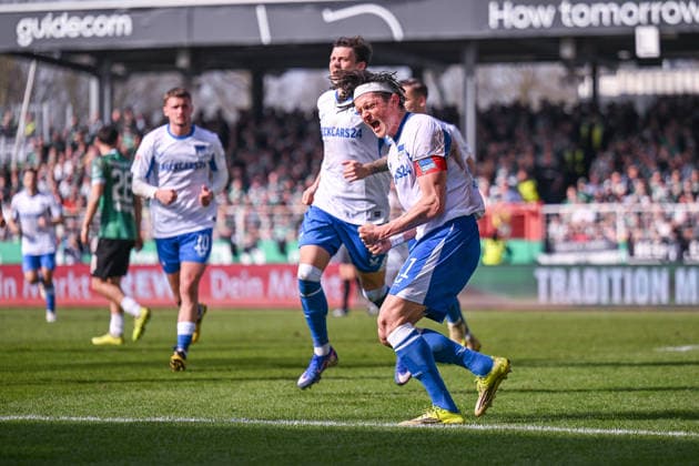 08.03.2026, Fussball, 2. Bundesliga, 25. Spieltag Saison 2025 2026, Preußen Münster - Hertha BSC, Fabian Reese (Hertha BSC) freut sich über das Tor zum 0:1, xRHR-FOTO TKx