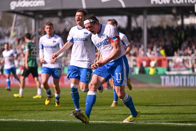 08.03.2026, Fussball, 2. Bundesliga, 25. Spieltag Saison 2025 2026, Preußen Münster - Hertha BSC, Fabian Reese (Hertha BSC) freut sich über das Tor zum 0:1, xRHR-FOTO TKx